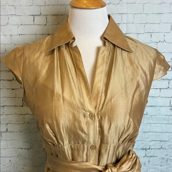 Kay Unger Gold Cap Sleeve Fit And Flare Silk Dress With Floral Hem Detail Size 8 - Picture 2 of 14